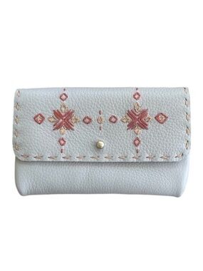 Dove Gray Pebbled Leather Embroidered Wallet/Card Pouch